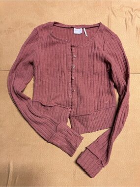 Urban Outfitters Ribbed Button-Up Cardigan - Dusty Mauve